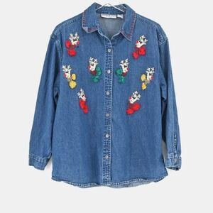 Vtg‎ Christmas Denim Top Womens Size 1X Rudolph Holiday Chambray 90s Dress Barn